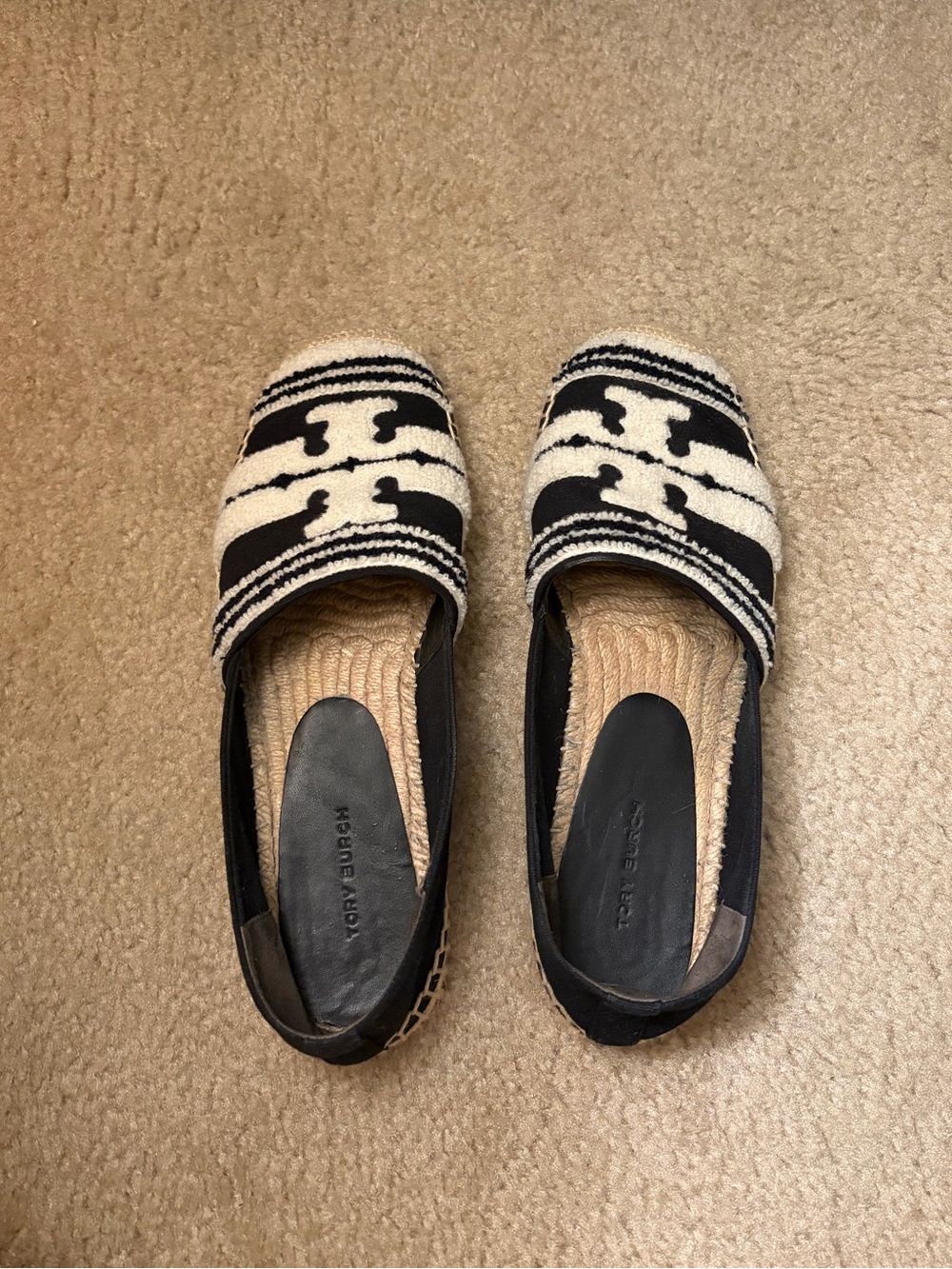 Tory Burch Black and Cream Patterned Slip-On Flats
